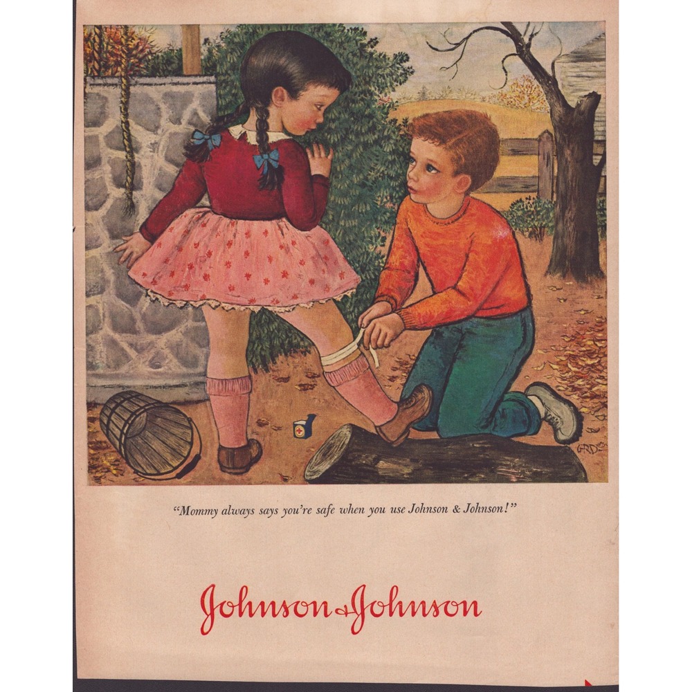 Vintage Johnson & Johnson Print Ad Children First Aid Illustration Wall Art VG+